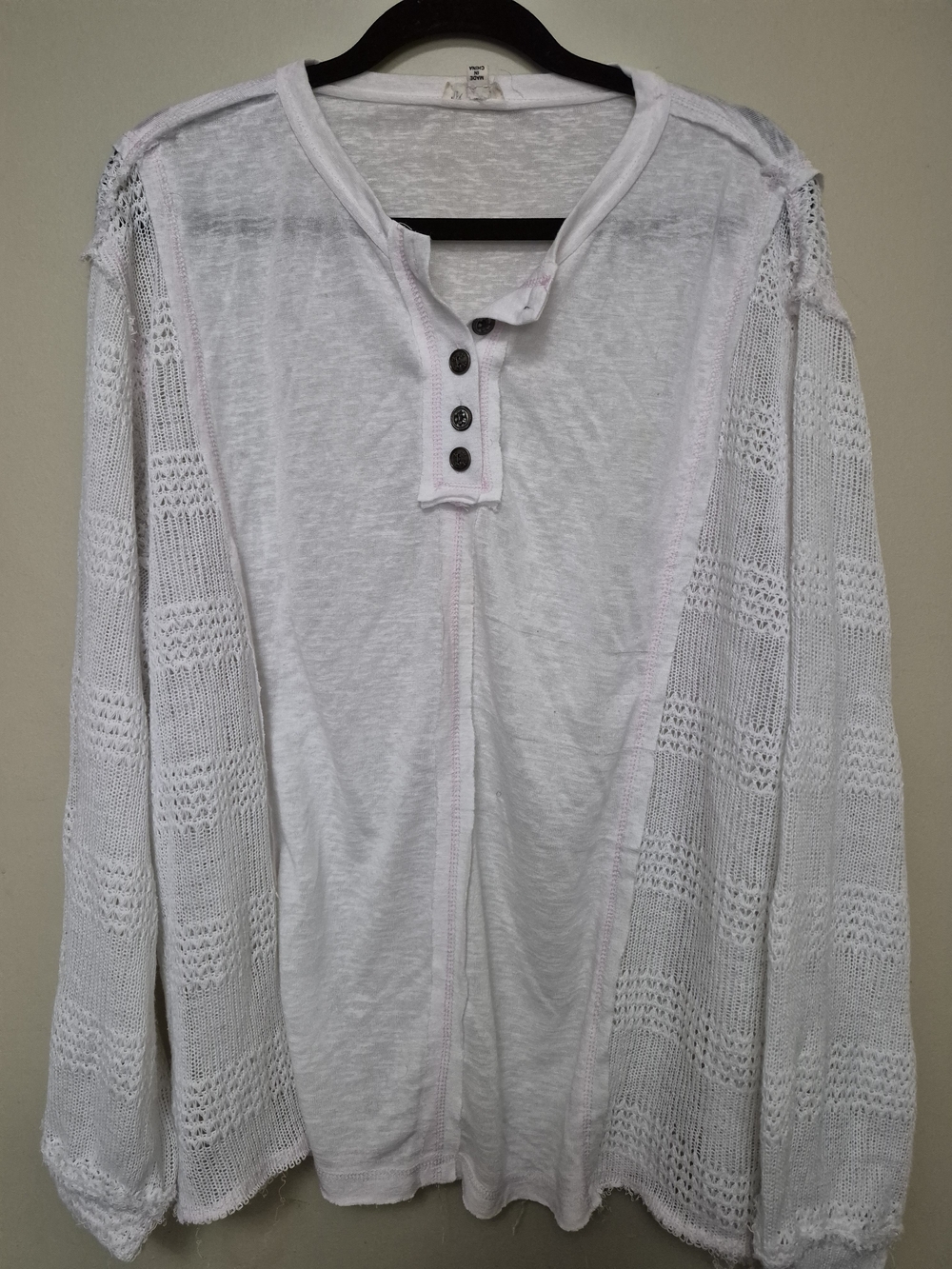 POL White Knit Henley with Openwork Sleeve Details